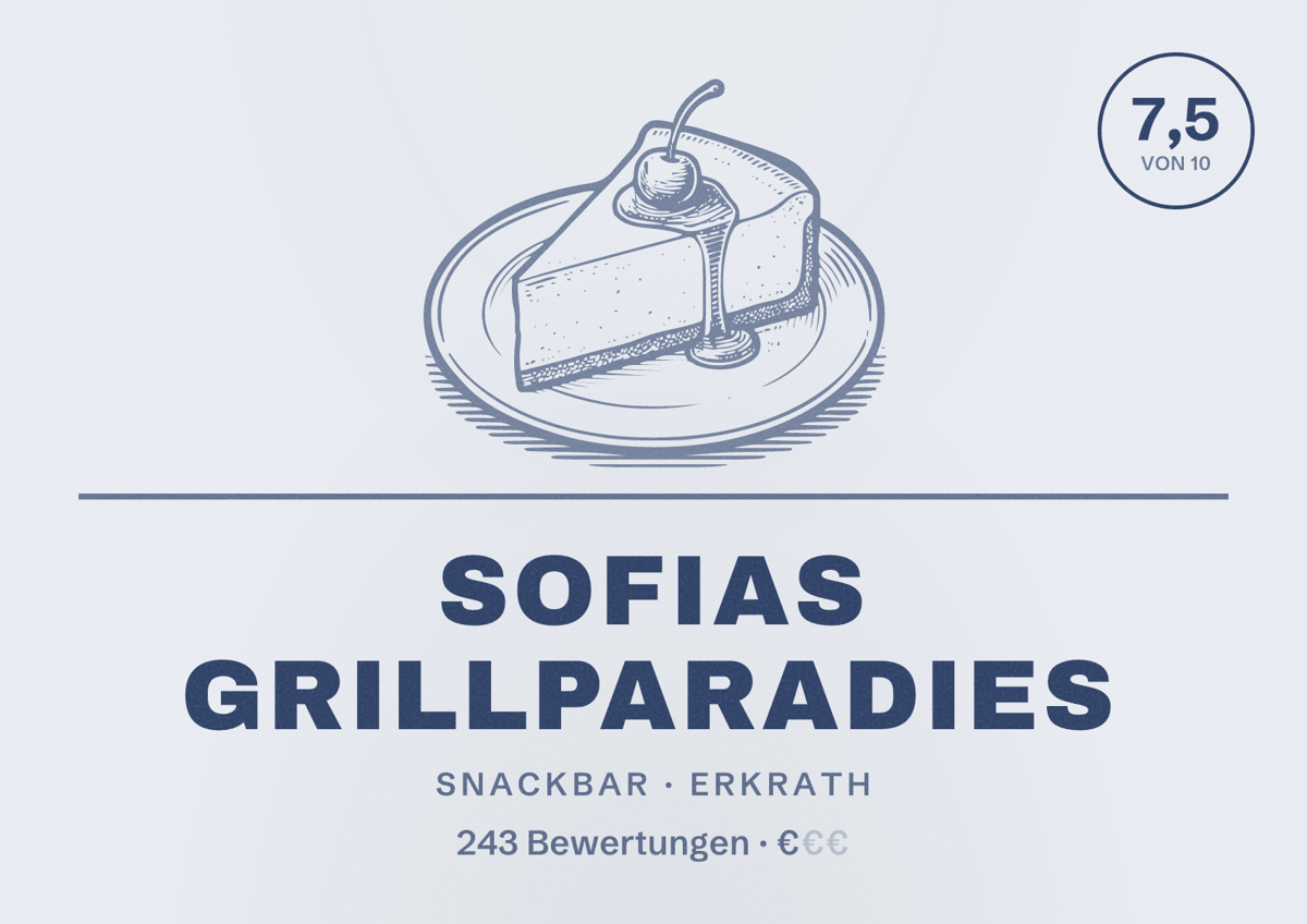 Illustriertes Poster von Sofias Grillparadies, Snackbar in Erkrath: Bewertung 7,5 von 10 aus 243 Bewertungen, Preisniveau €