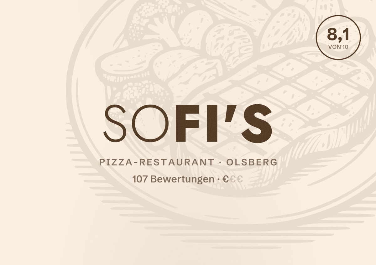 Illustriertes Poster von Sofi's, Pizza-Restaurant in Olsberg: Bewertung 8,1 von 10 aus 107 Bewertungen, Preisniveau €