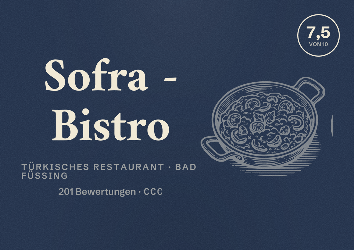 Illustriertes Poster von Sofra - Bistro, Türkisches Restaurant in Bad Füssing: Bewertung 7,5 von 10 aus 201 Bewertungen, Preisniveau €€€