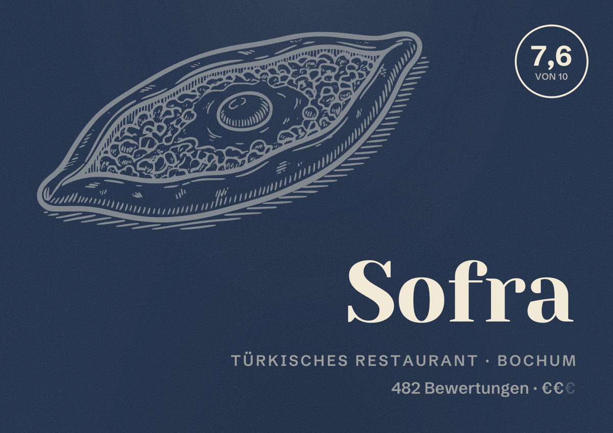 Illustriertes Poster von Sofra, Türkisches Restaurant in Bochum: Bewertung 7,6 von 10 aus 482 Bewertungen, Preisniveau €€
