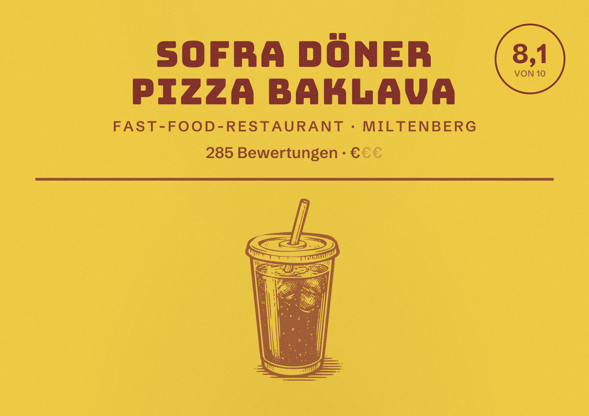 Illustriertes Poster von Sofra Döner Pizza Baklava, Fast-Food-Restaurant in Miltenberg: Bewertung 8,1 von 10 aus 285 Bewertungen, Preisniveau €