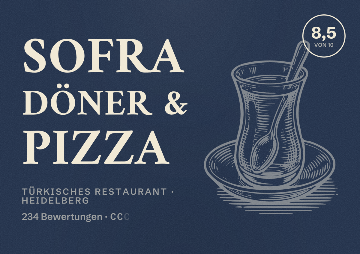 Illustriertes Poster von SOFRA DÖNER & PIZZA, Türkisches Restaurant in Heidelberg: Bewertung 8,5 von 10 aus 234 Bewertungen, Preisniveau €€