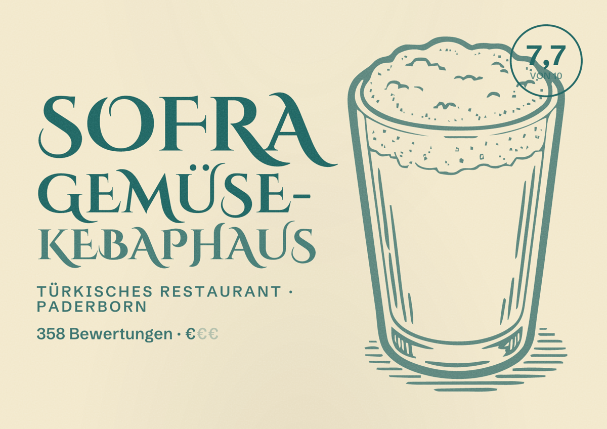 Illustriertes Poster von SOFRA Gemüse- Kebaphaus, Türkisches Restaurant in Paderborn: Bewertung 7,7 von 10 aus 358 Bewertungen, Preisniveau €