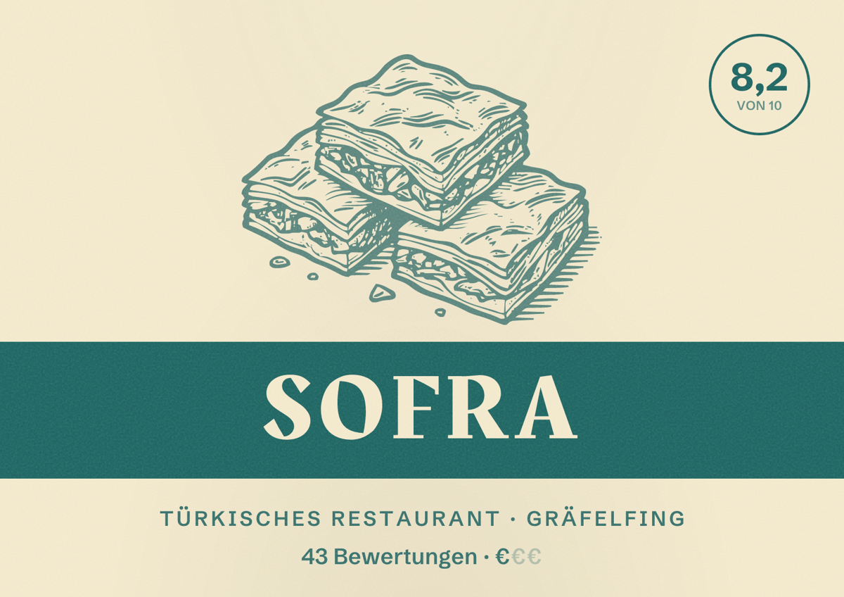 Illustriertes Poster von Sofra, Türkisches Restaurant in Gräfelfing: Bewertung 8,2 von 10 aus 43 Bewertungen, Preisniveau €