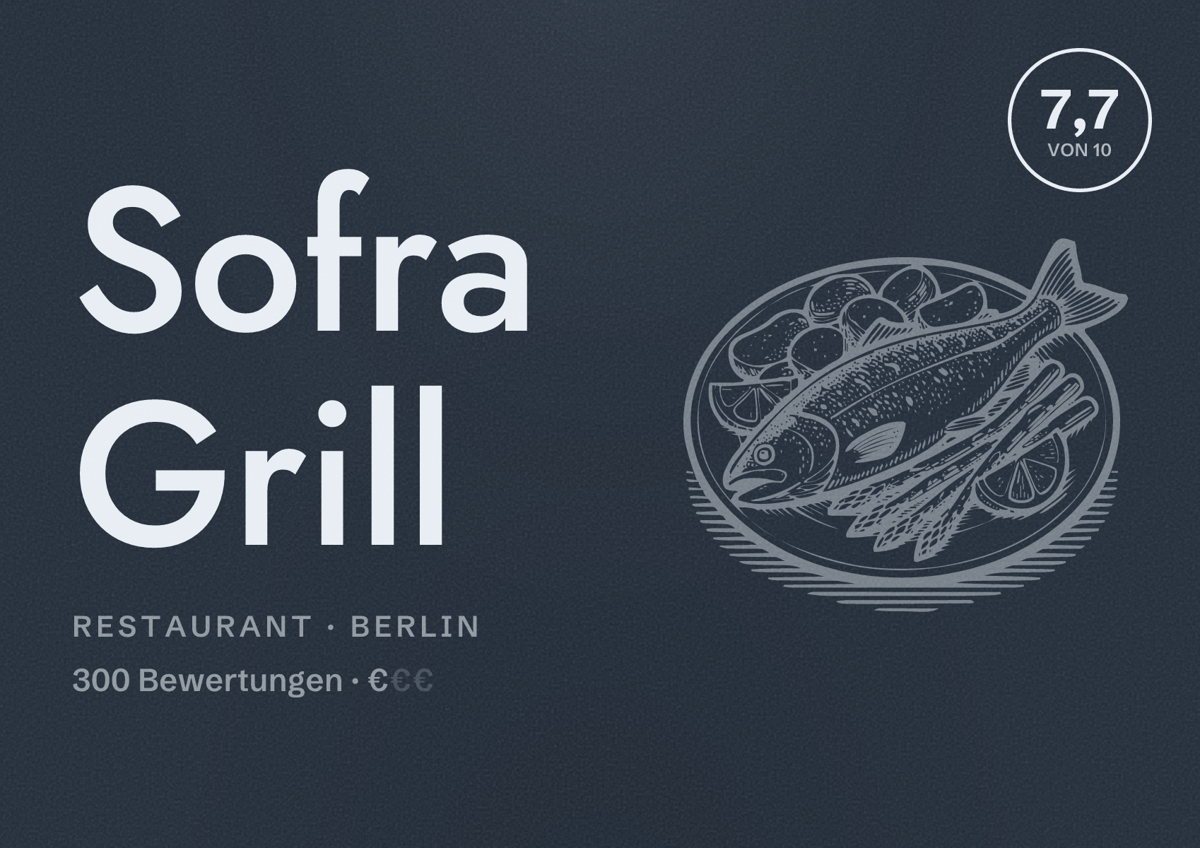 Illustriertes Poster von Sofra Grill, Restaurant in Berlin: Bewertung 7,7 von 10 aus 300 Bewertungen, Preisniveau €