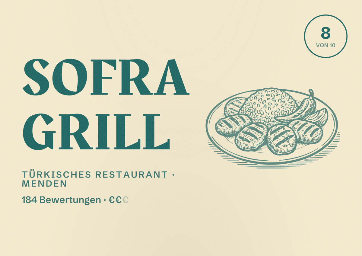 Illustriertes Poster von Sofra Grill, Türkisches Restaurant in Menden: Bewertung 8,0 von 10 aus 184 Bewertungen, Preisniveau €€