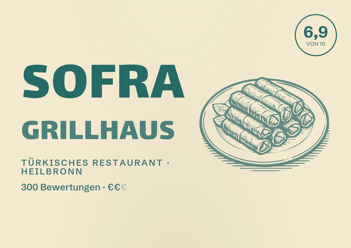 Illustriertes Poster von Sofra Grillhaus, Türkisches Restaurant in Heilbronn: Bewertung 6,9 von 10 aus 300 Bewertungen, Preisniveau €€