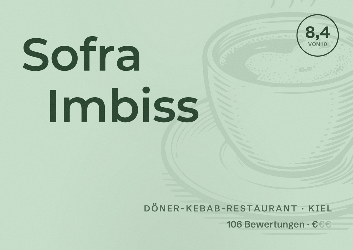 Illustriertes Poster von Sofra Imbiss, Döner-Kebab-Restaurant in Kiel: Bewertung 8,4 von 10 aus 106 Bewertungen, Preisniveau €