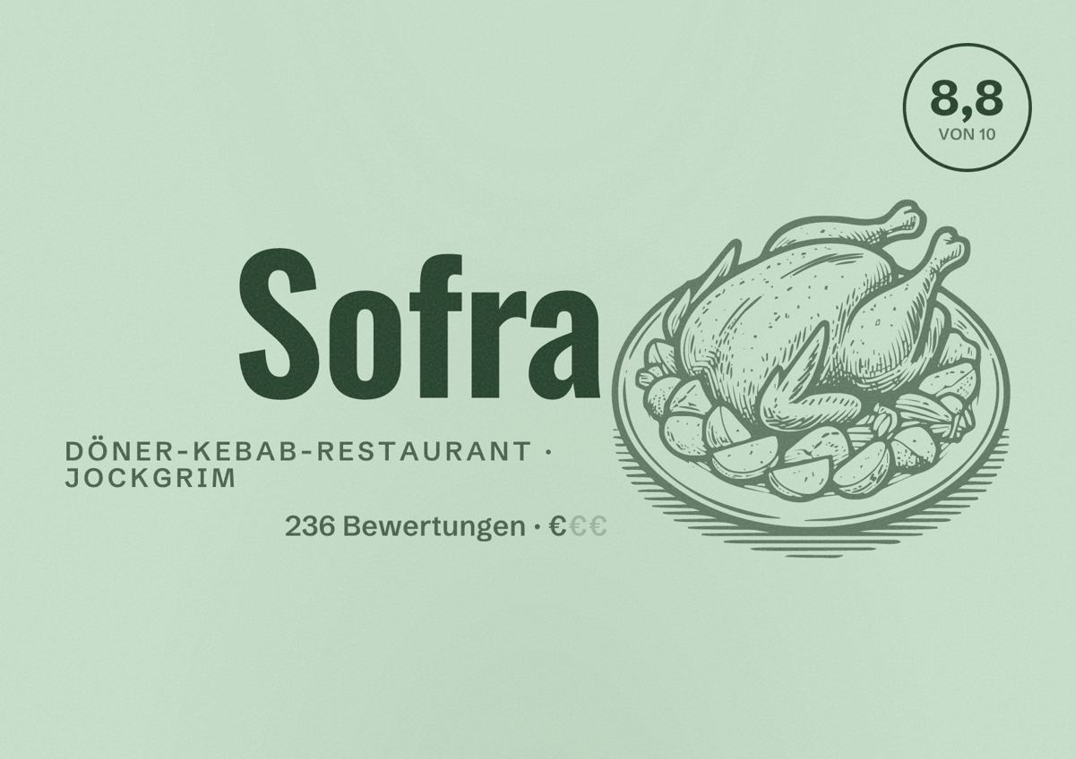 Illustriertes Poster von Sofra, Döner-Kebab-Restaurant in Jockgrim: Bewertung 8,8 von 10 aus 236 Bewertungen, Preisniveau €