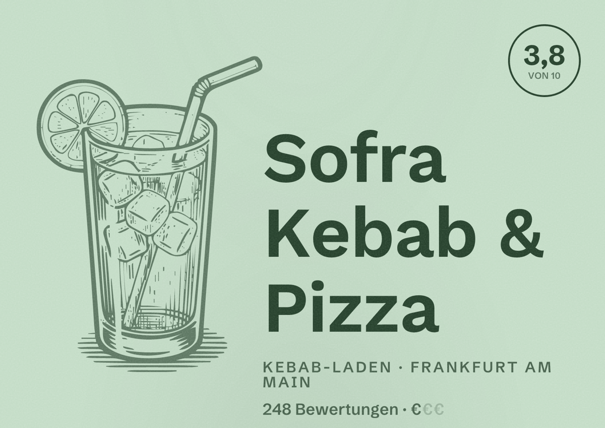 Illustriertes Poster von Sofra Kebab & Pizza, Kebab-Laden in Frankfurt am Main: Bewertung 3,8 von 10 aus 248 Bewertungen, Preisniveau €