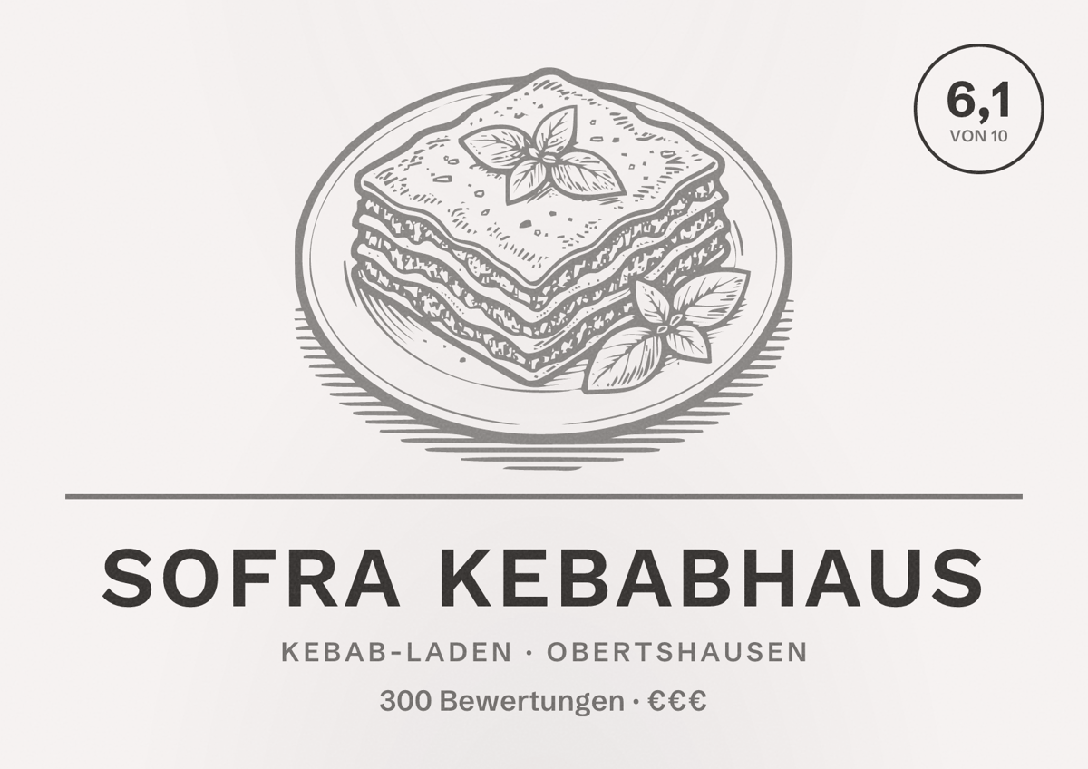 Illustriertes Poster von Sofra Kebabhaus, Kebab-Laden in Obertshausen: Bewertung 6,1 von 10 aus 300 Bewertungen, Preisniveau €€€