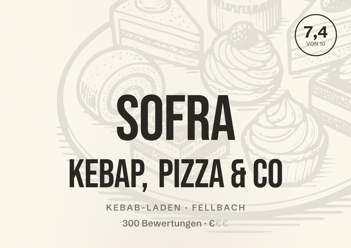 Illustriertes Poster von Sofra Kebap, Pizza & Co, Kebab-Laden in Fellbach: Bewertung 7,4 von 10 aus 300 Bewertungen, Preisniveau €