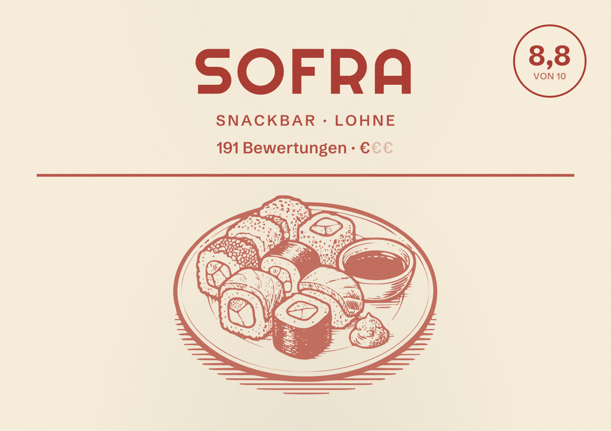 Illustriertes Poster von Sofra, Snackbar in Lohne: Bewertung 8,8 von 10 aus 191 Bewertungen, Preisniveau €