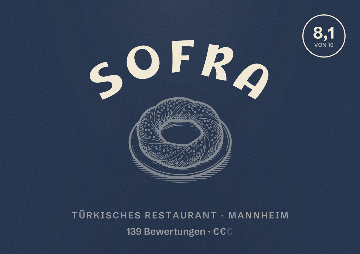 Illustriertes Poster von SOFRA, Türkisches Restaurant in Mannheim: Bewertung 8,1 von 10 aus 139 Bewertungen, Preisniveau €€