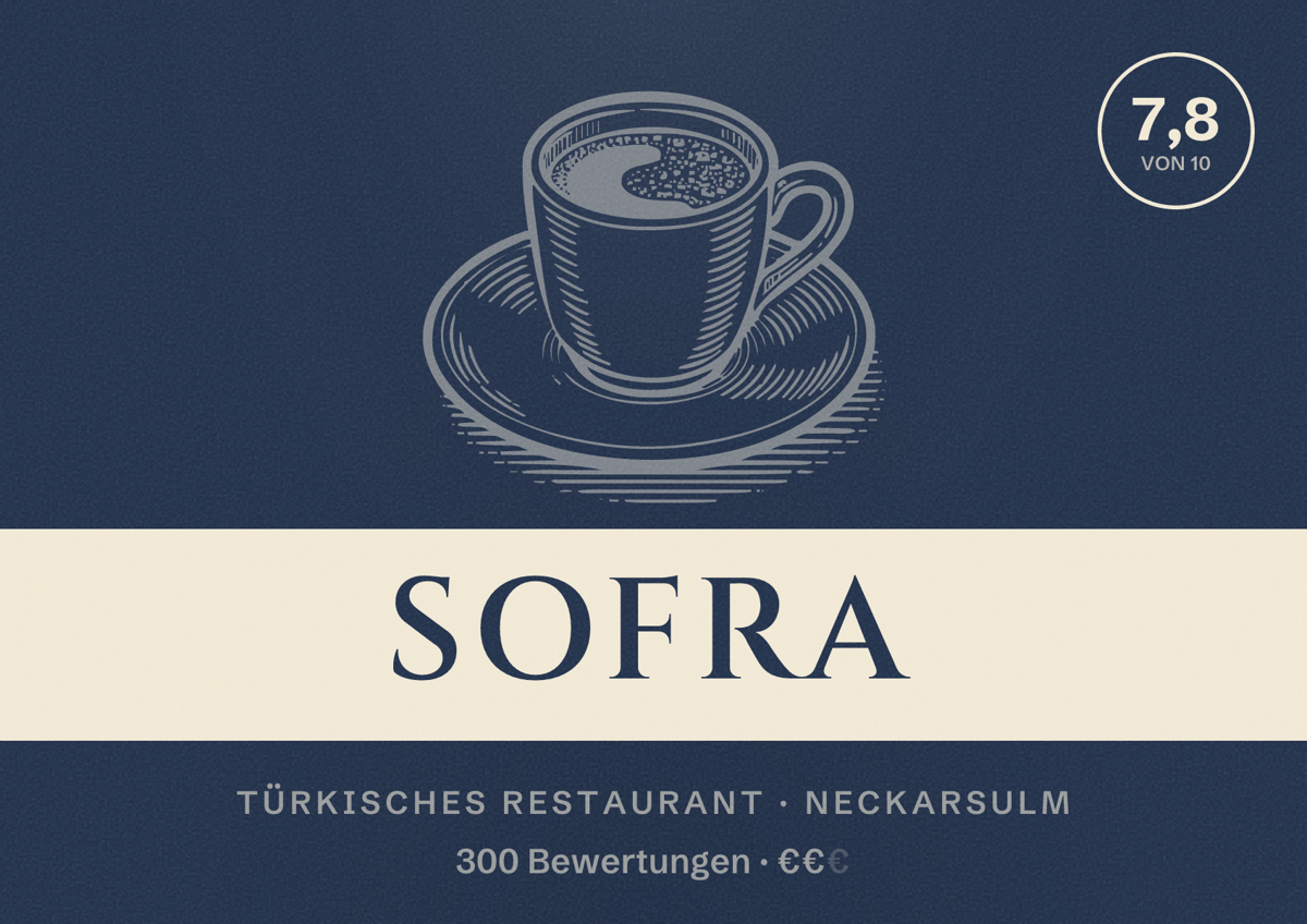 Illustriertes Poster von SOFRA, Türkisches Restaurant in Neckarsulm: Bewertung 7,8 von 10 aus 300 Bewertungen, Preisniveau €€