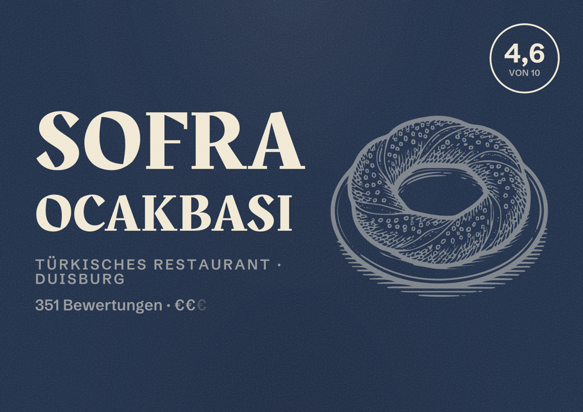 Illustriertes Poster von Sofra Ocakbasi, Türkisches Restaurant in Duisburg: Bewertung 4,6 von 10 aus 351 Bewertungen, Preisniveau €€