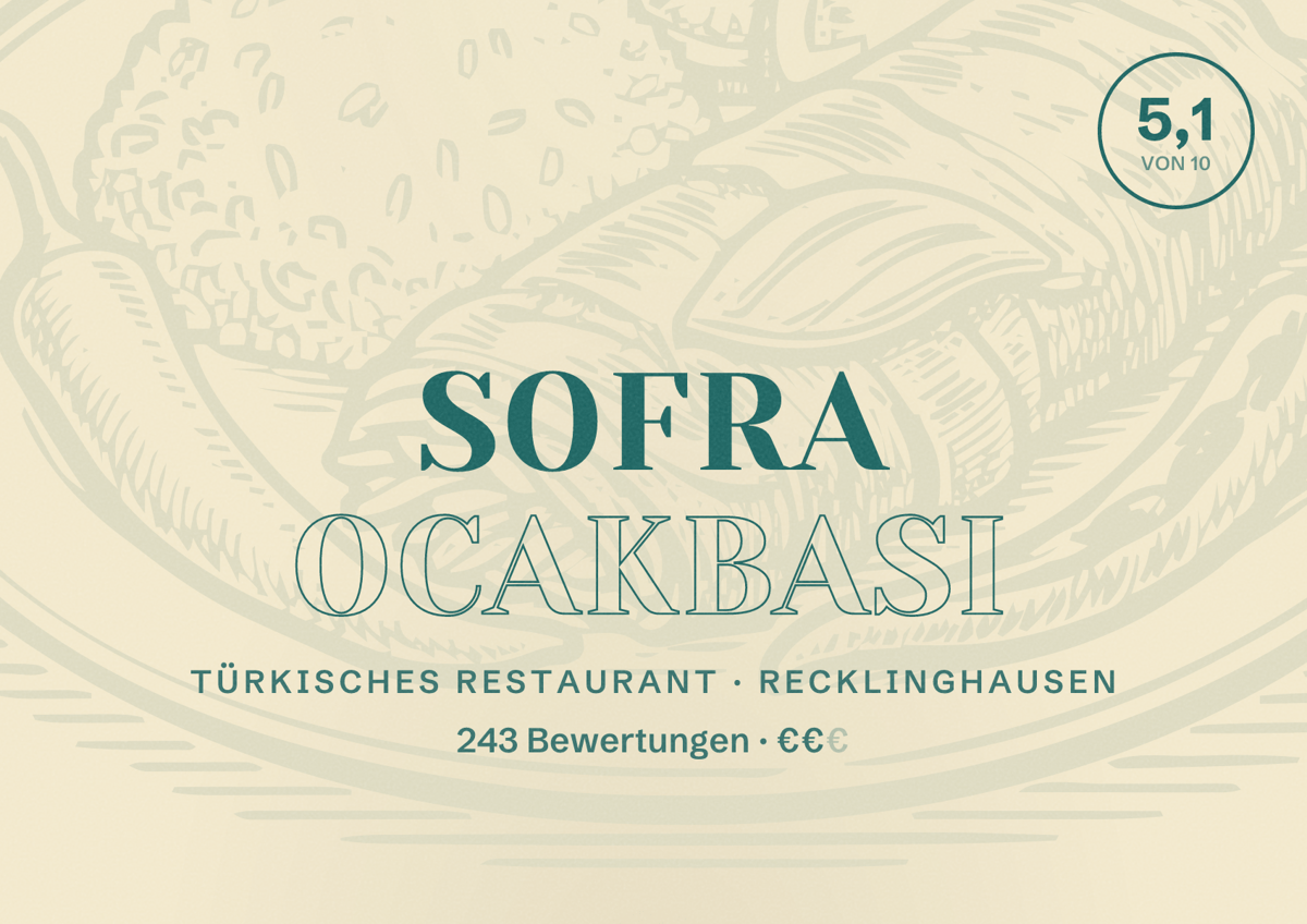 Illustriertes Poster von Sofra Ocakbasi, Türkisches Restaurant in Recklinghausen: Bewertung 5,1 von 10 aus 243 Bewertungen, Preisniveau €€