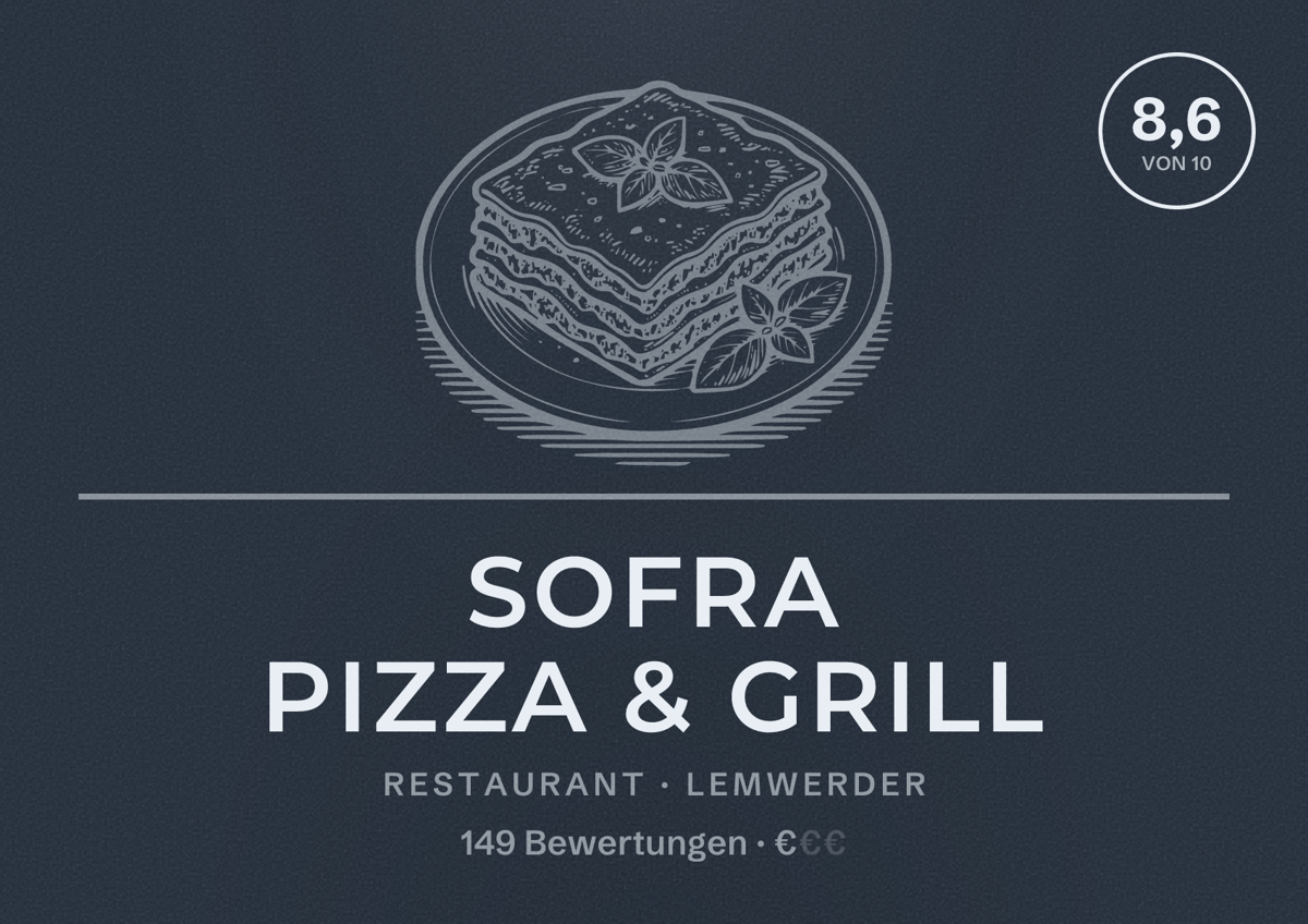 Illustriertes Poster von Sofra Pizza & Grill, Restaurant in Lemwerder: Bewertung 8,6 von 10 aus 149 Bewertungen, Preisniveau €