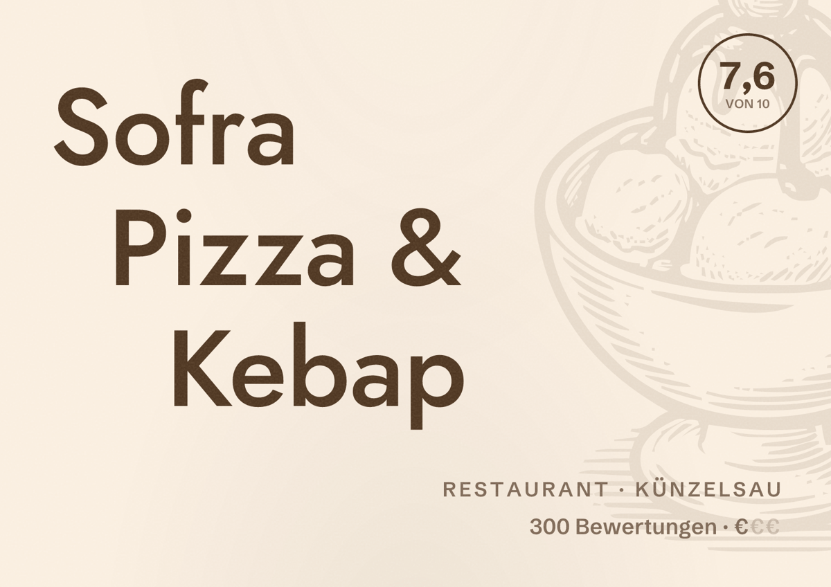 Illustriertes Poster von Sofra Pizza & Kebap, Restaurant in Künzelsau: Bewertung 7,6 von 10 aus 300 Bewertungen, Preisniveau €