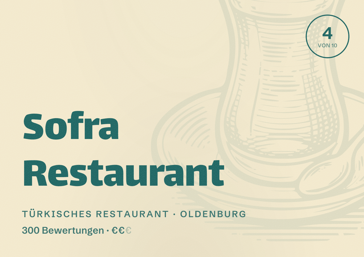 Illustriertes Poster von Sofra Restaurant, Türkisches Restaurant in Oldenburg: Bewertung 4 von 10 aus 300 Bewertungen, Preisniveau €€