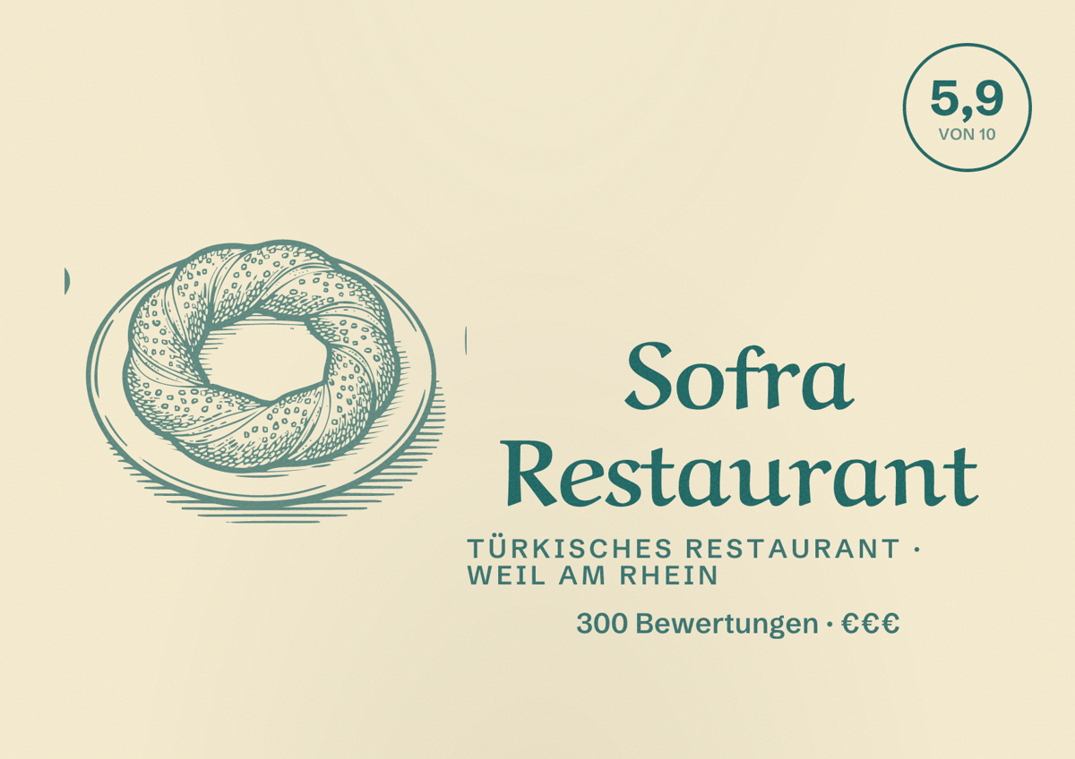 Illustriertes Poster von Sofra Restaurant, Türkisches Restaurant in Weil am Rhein: Bewertung 5,9 von 10 aus 300 Bewertungen, Preisniveau €€€