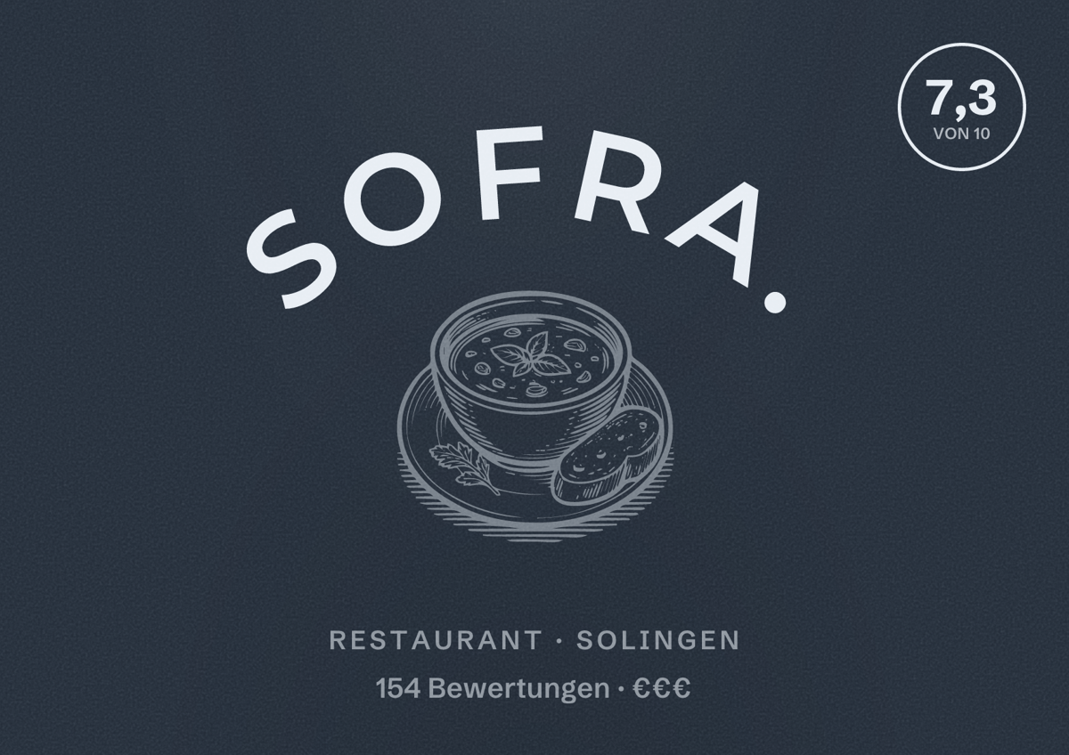 Illustriertes Poster von SOFRA., Restaurant in Solingen: Bewertung 7,3 von 10 aus 154 Bewertungen, Preisniveau €€€