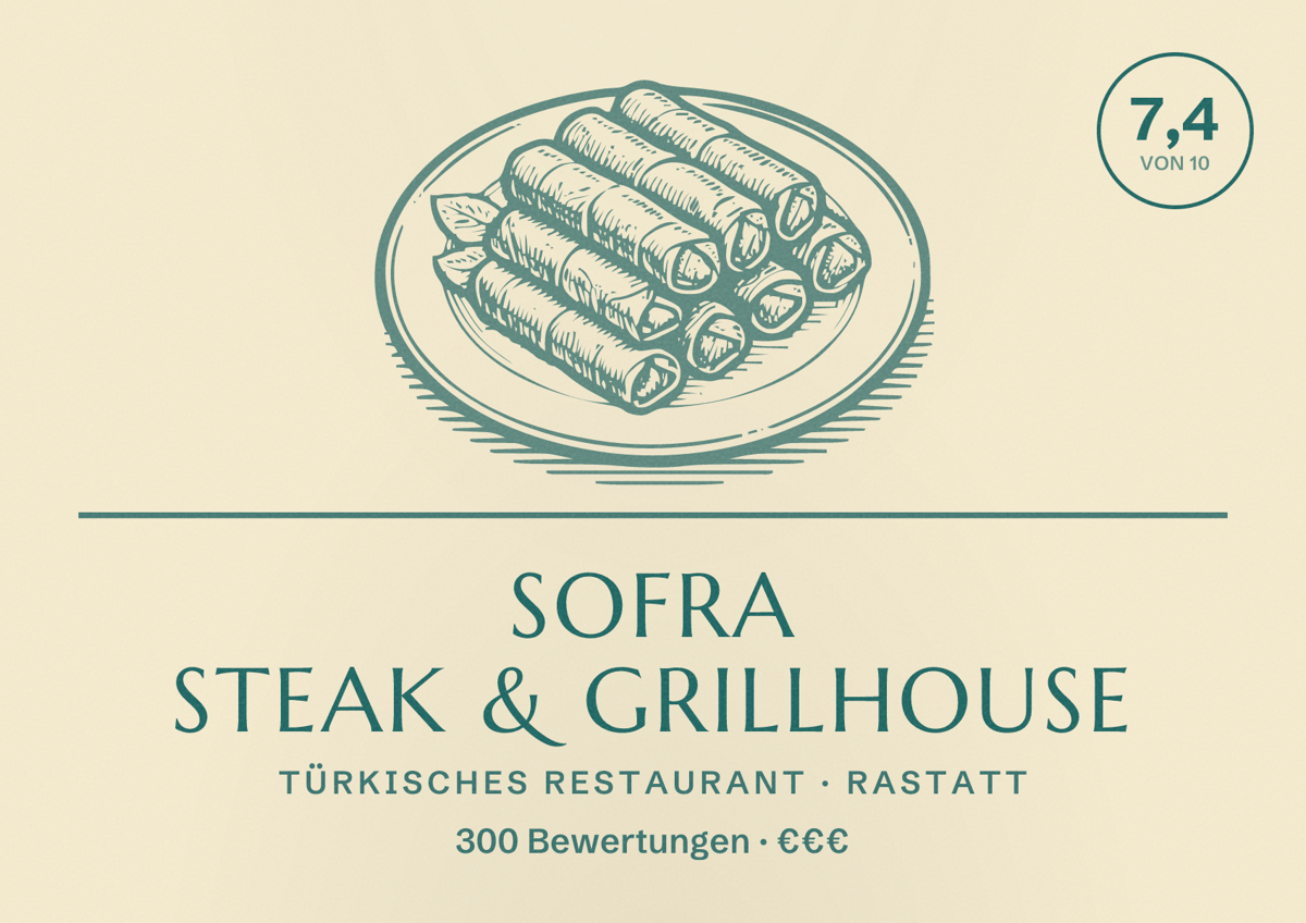 Illustriertes Poster von Sofra Steak & Grillhouse, Türkisches Restaurant in Rastatt: Bewertung 7,4 von 10 aus 300 Bewertungen, Preisniveau €€€