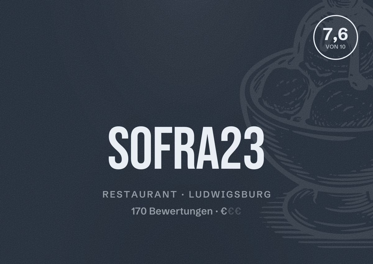 Illustriertes Poster von Sofra23, Restaurant in Ludwigsburg: Bewertung 7,6 von 10 aus 170 Bewertungen, Preisniveau €