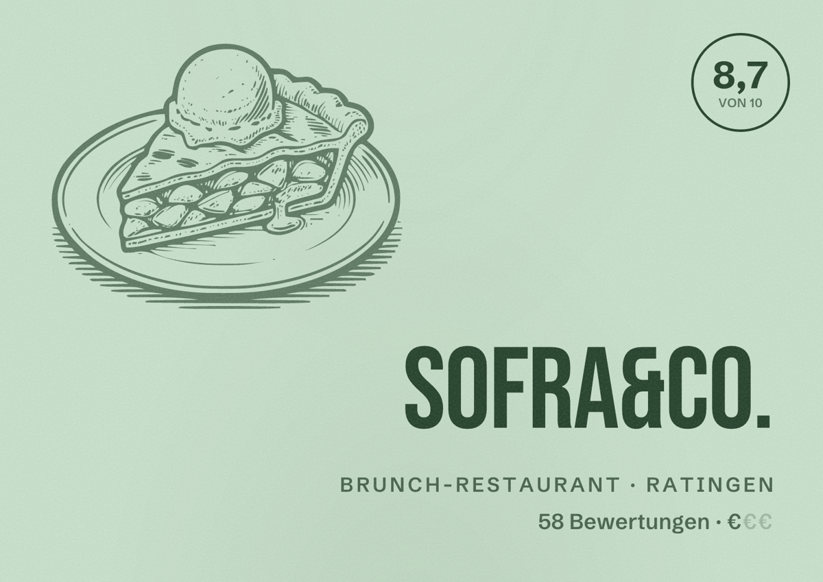 Illustriertes Poster von sofra&co., Brunch-Restaurant in Ratingen: Bewertung 8,7 von 10 aus 58 Bewertungen, Preisniveau €
