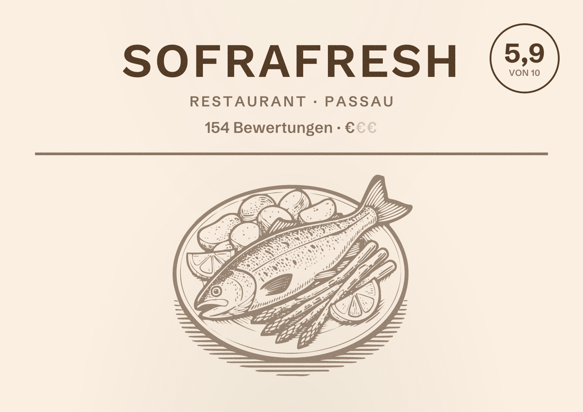 Illustriertes Poster von Sofrafresh, Restaurant in Passau: Bewertung 5,9 von 10 aus 154 Bewertungen, Preisniveau €