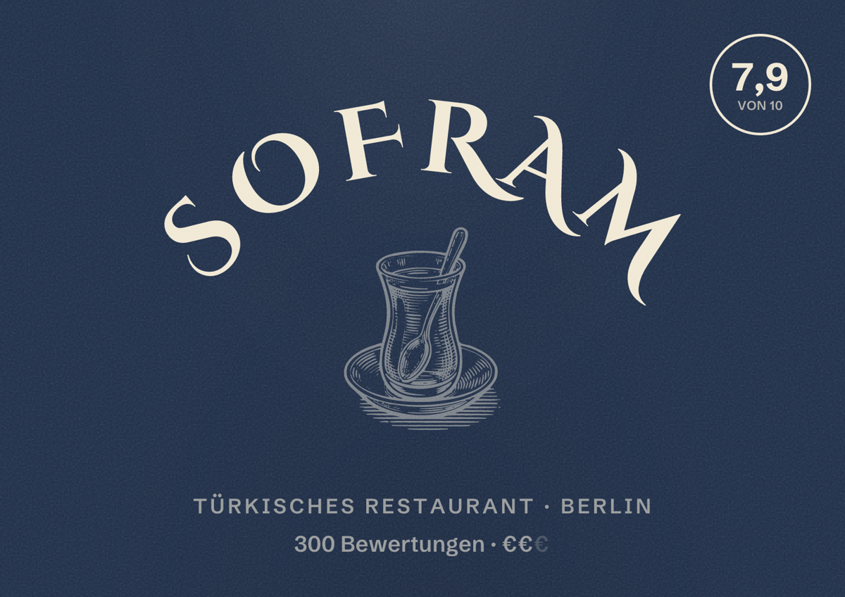 Illustriertes Poster von Sofram, Türkisches Restaurant in Berlin: Bewertung 7,9 von 10 aus 300 Bewertungen, Preisniveau €€