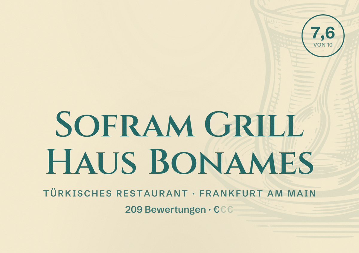 Illustriertes Poster von Sofram Grill Haus Bonames, Türkisches Restaurant in Frankfurt am Main: Bewertung 7,6 von 10 aus 209 Bewertungen, Preisniveau €
