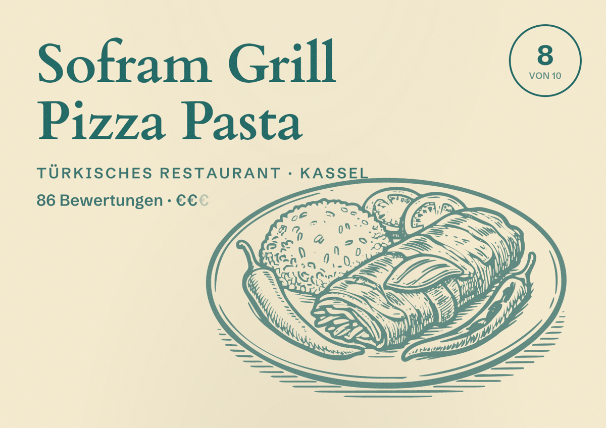 Illustriertes Poster von Sofram Grill Pizza Pasta, Türkisches Restaurant in Kassel: Bewertung 8 von 10 aus 86 Bewertungen, Preisniveau €€