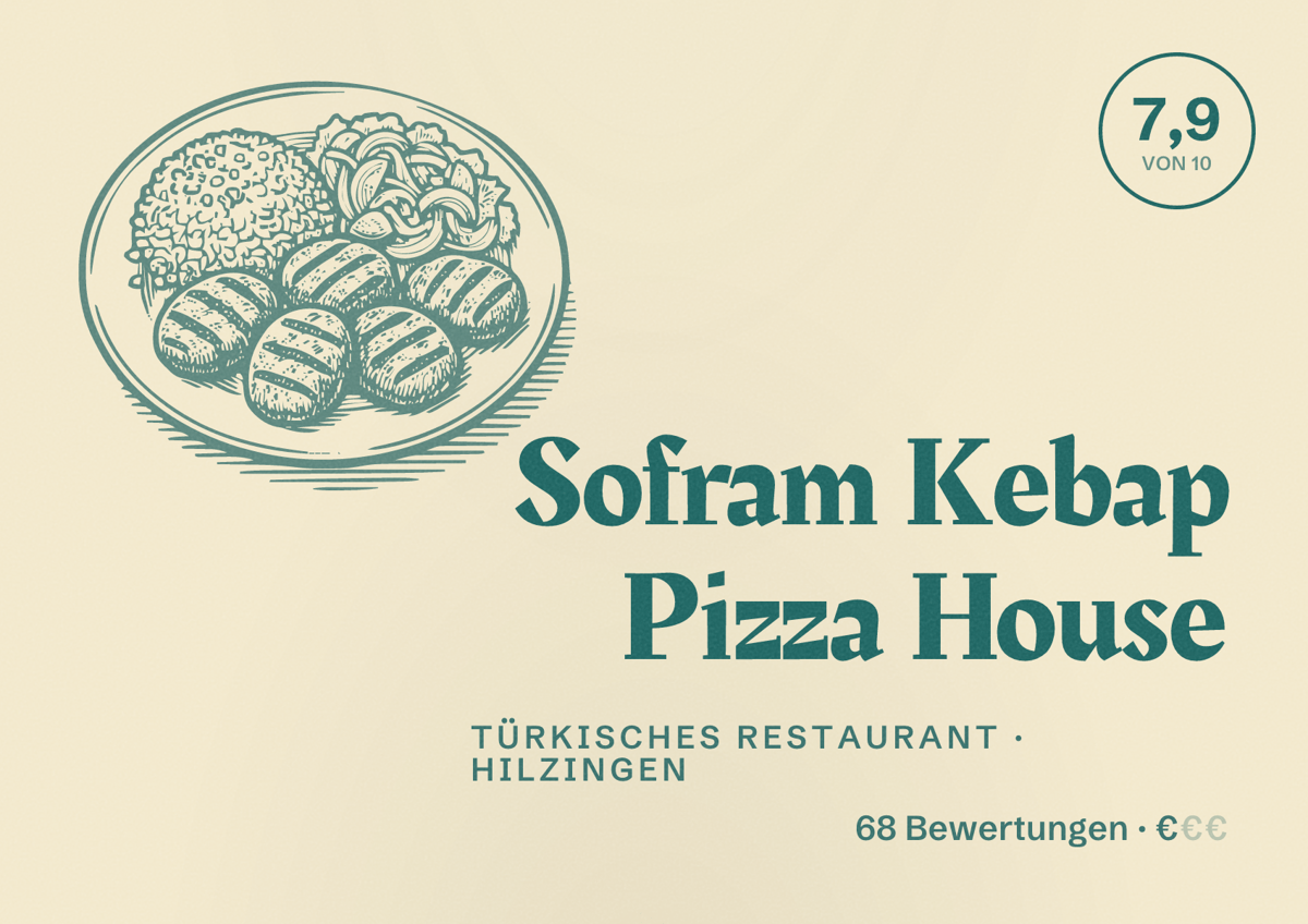Illustriertes Poster von Sofram Kebap Pizza House, Türkisches Restaurant in Hilzingen: Bewertung 7,9 von 10 aus 68 Bewertungen, Preisniveau €