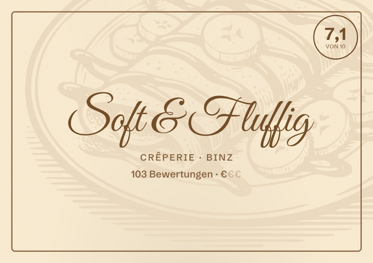 Illustriertes Poster von Soft & Fluffig, Crêperie in Binz: Bewertung 7,1 von 10 aus 103 Bewertungen, Preisniveau €