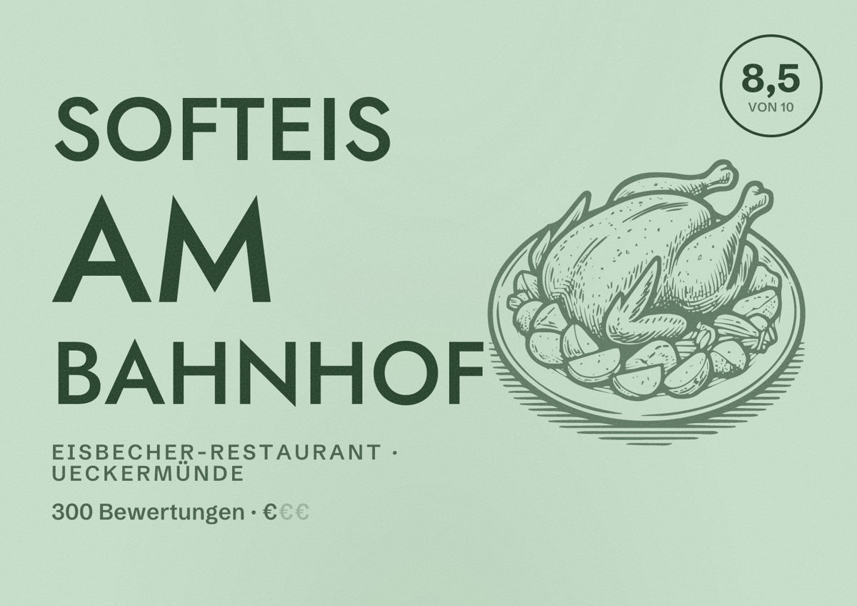 Illustriertes Poster von Softeis am Bahnhof, Eisbecher-Restaurant in Ueckermünde: Bewertung 8,5 von 10 aus 300 Bewertungen, Preisniveau €