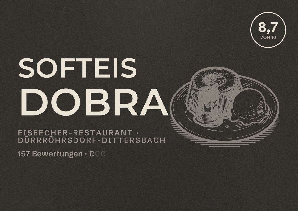 Illustriertes Poster von Softeis Dobra, Eisbecher-Restaurant in Dürrröhrsdorf-Dittersbach: Bewertung 8,7 von 10 aus 157 Bewertungen, Preisniveau €