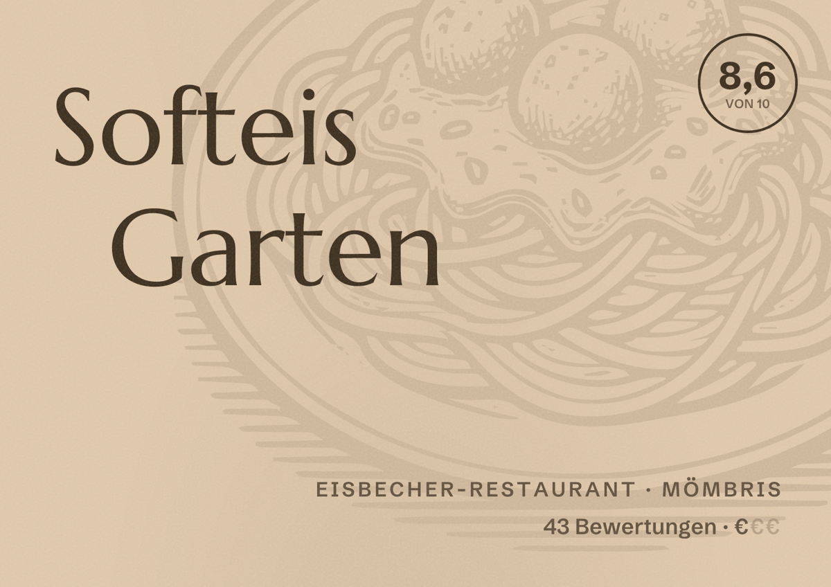 Illustriertes Poster von Softeis Garten, Eisbecher-Restaurant in Mömbris: Bewertung 8,6 von 10 aus 43 Bewertungen, Preisniveau €