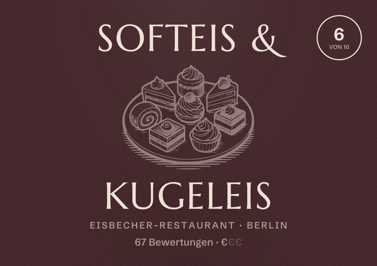 Illustriertes Poster von Softeis & Kugeleis, Eisbecher-Restaurant in Berlin: Bewertung 6,0 von 10 aus 67 Bewertungen, Preisniveau €