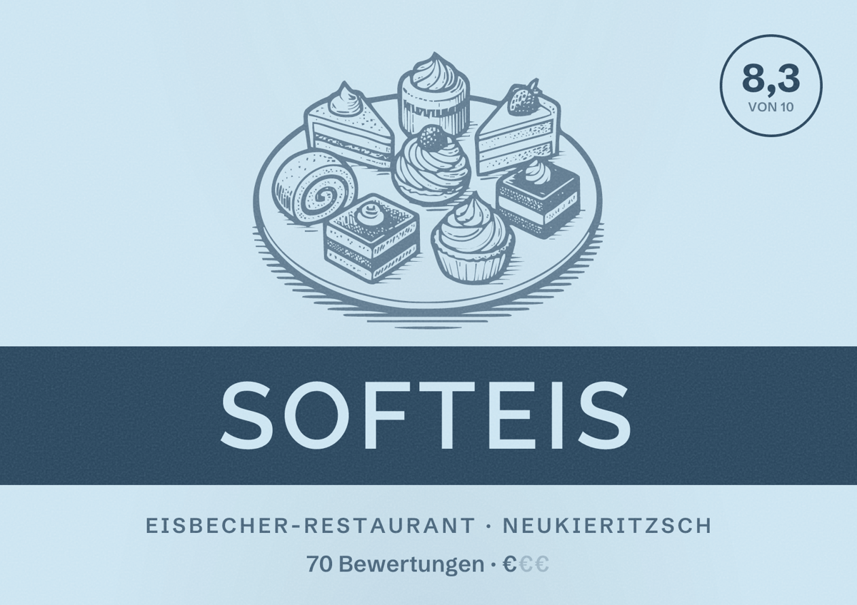 Illustriertes Poster von Softeis, Eisbecher-Restaurant in Neukieritzsch: Bewertung 8,3 von 10 aus 70 Bewertungen, Preisniveau €