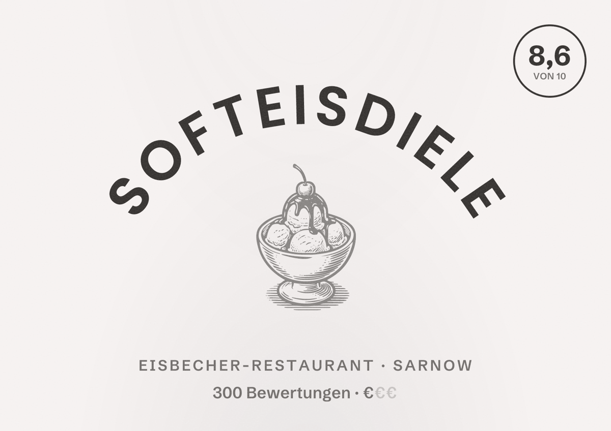 Illustriertes Poster von Softeisdiele, Eisbecher-Restaurant in Sarnow: Bewertung 8,6 von 10 aus 300 Bewertungen, Preisniveau €