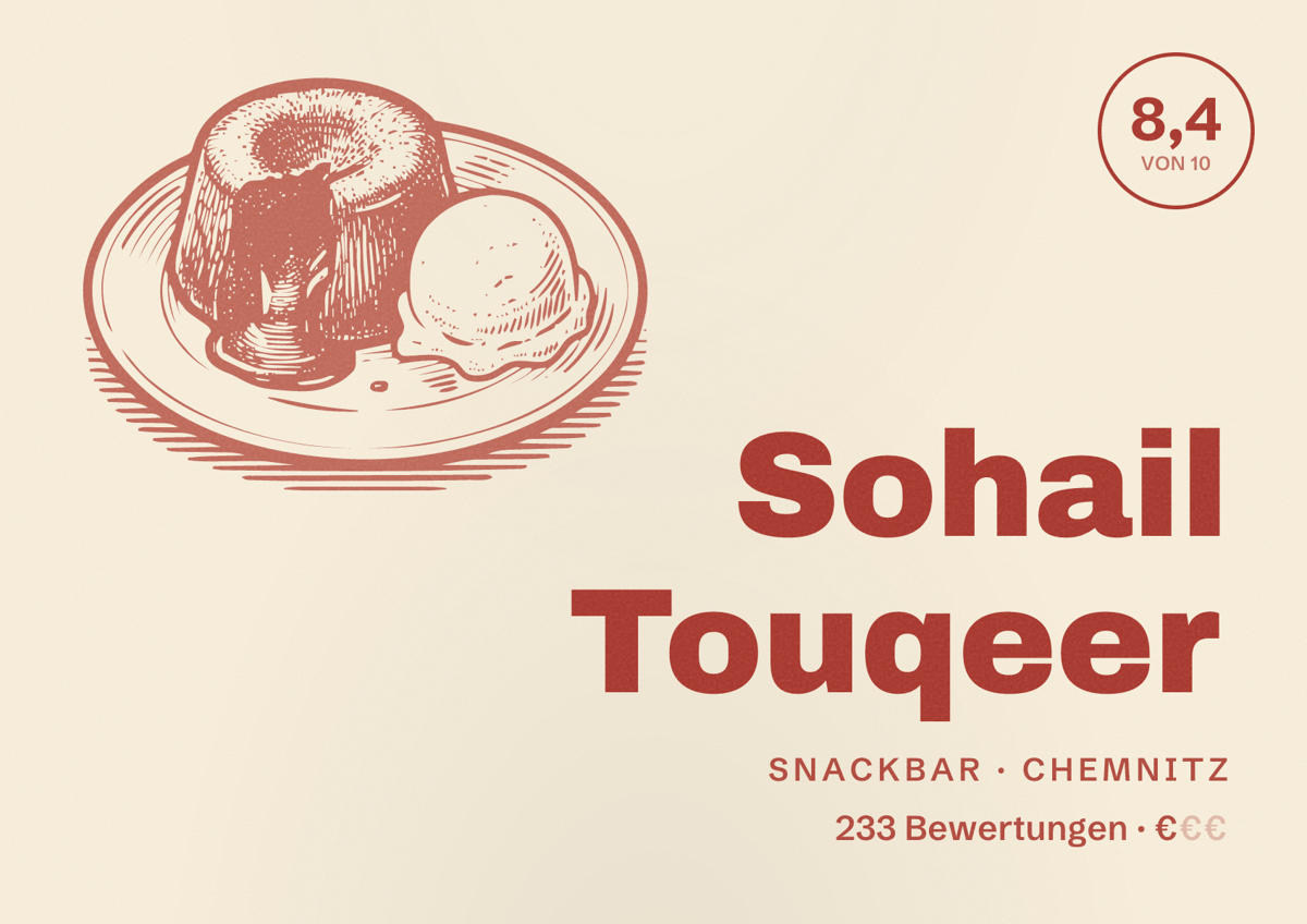 Illustriertes Poster von Sohail Touqeer, Snackbar in Chemnitz: Bewertung 8,4 von 10 aus 233 Bewertungen, Preisniveau €