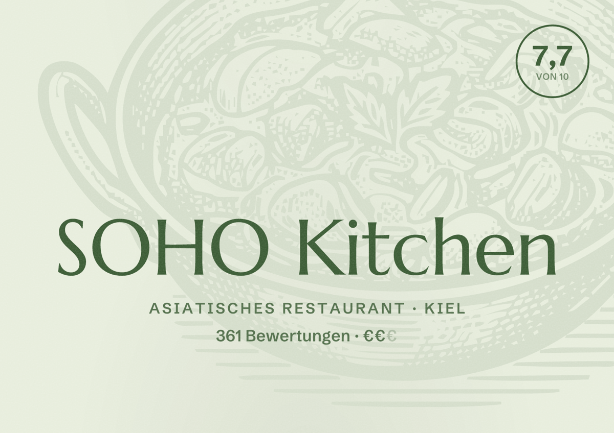 Illustriertes Poster von SOHO Kitchen, Asiatisches Restaurant in Kiel: Bewertung 7,7 von 10 aus 361 Bewertungen, Preisniveau €€