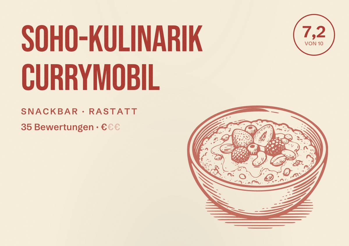 Illustriertes Poster von SOHO-Kulinarik Currymobil, Snackbar in Rastatt: Bewertung 7,2 von 10 aus 35 Bewertungen, Preisniveau €