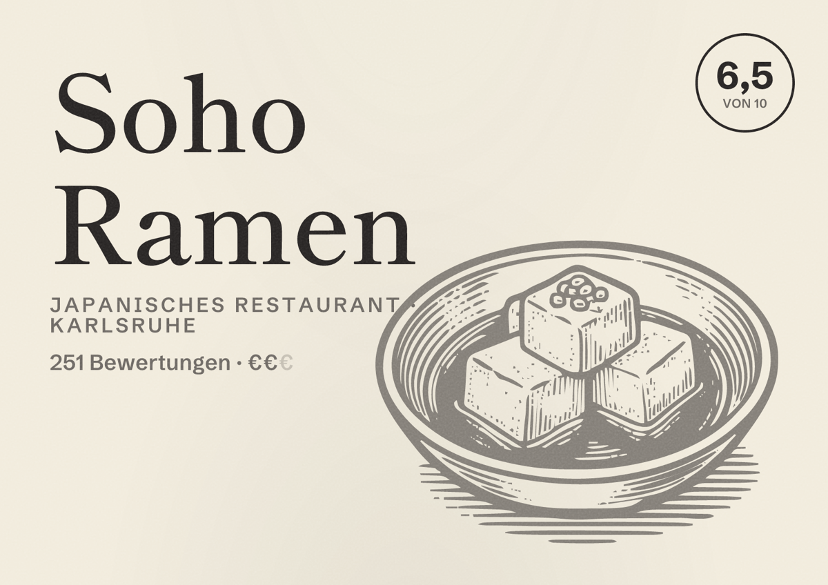 Illustriertes Poster von Soho Ramen, Japanisches Restaurant in Karlsruhe: Bewertung 6,5 von 10 aus 251 Bewertungen, Preisniveau €€