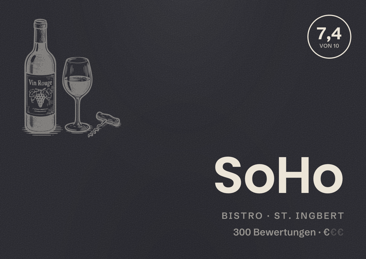 Illustriertes Poster von SoHo, Bistro in St. Ingbert: Bewertung 7,4 von 10 aus 300 Bewertungen, Preisniveau €