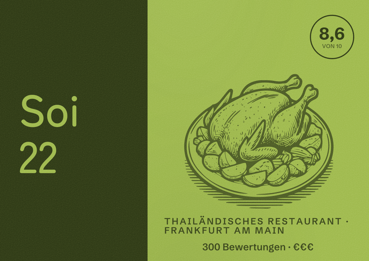 Illustriertes Poster von Soi 22, Thailändisches Restaurant in Frankfurt am Main: Bewertung 8,6 von 10 aus 300 Bewertungen, Preisniveau €€€
