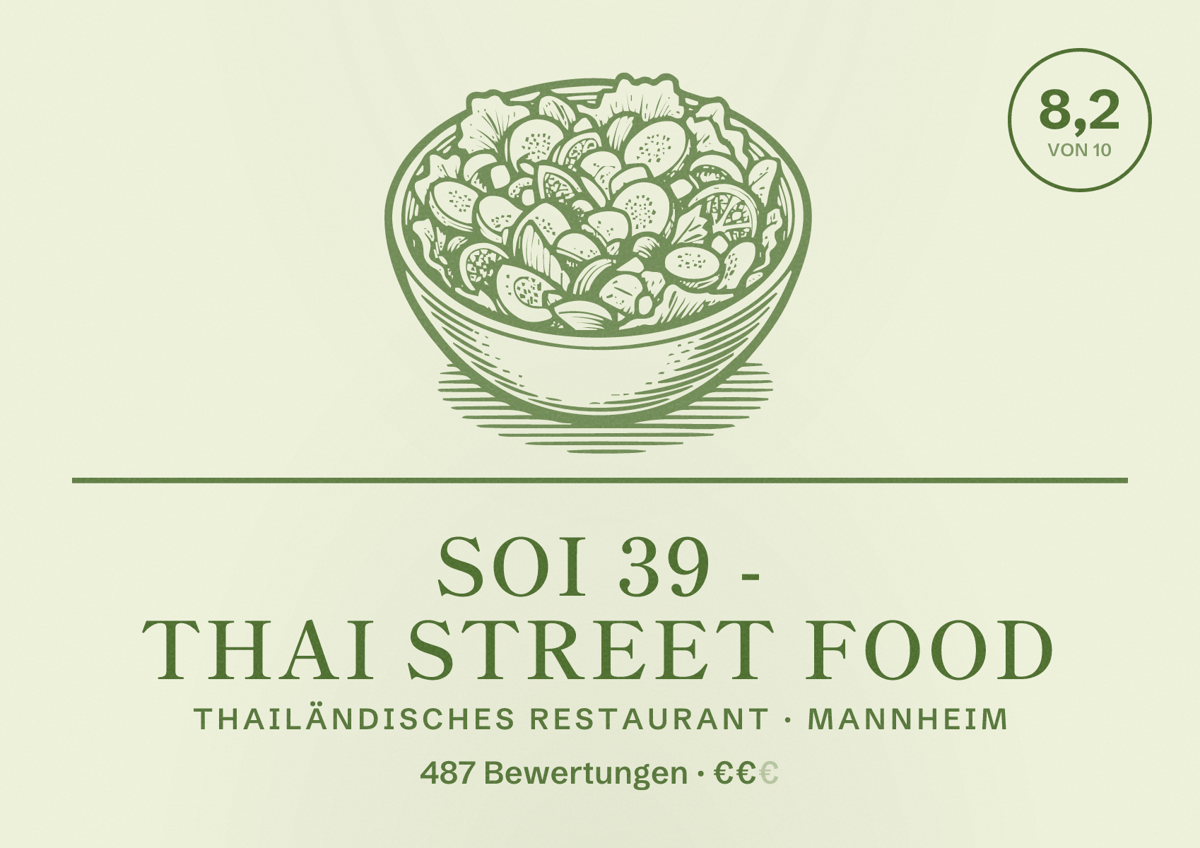 Illustriertes Poster von SOI 39 - Thai Street Food, Thailändisches Restaurant in Mannheim: Bewertung 8,2 von 10 aus 487 Bewertungen, Preisniveau €€