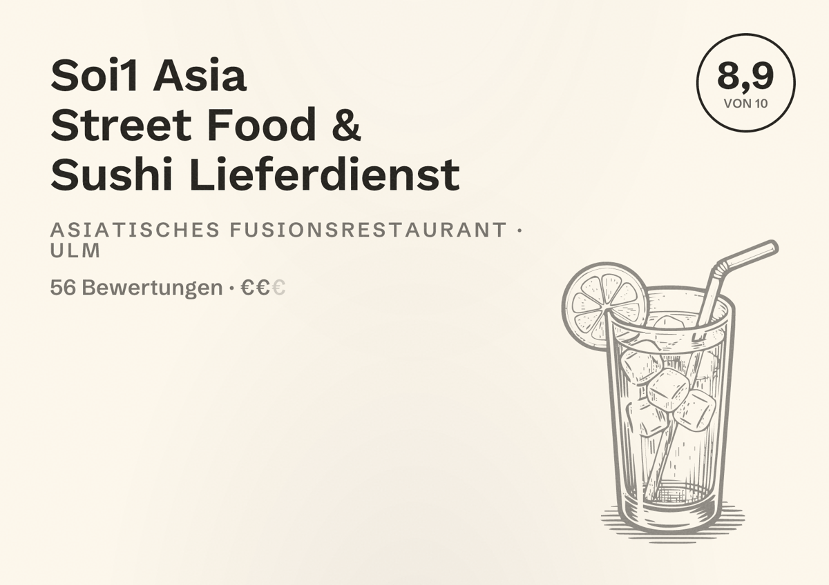 Illustriertes Poster von Soi1 Asia Street Food & Sushi Lieferdienst, Asiatisches Fusionsrestaurant in Ulm: Bewertung 8,9 von 10 aus 56 Bewertungen, Preisniveau €€
