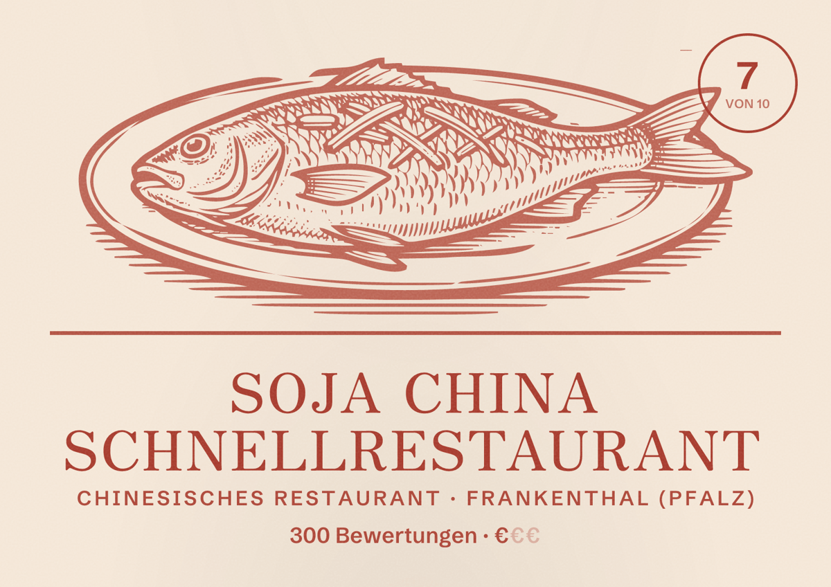 Illustriertes Poster von Soja China Schnellrestaurant, Chinesisches Restaurant in Frankenthal (Pfalz): Bewertung 7 von 10 aus 300 Bewertungen, Preisniveau €